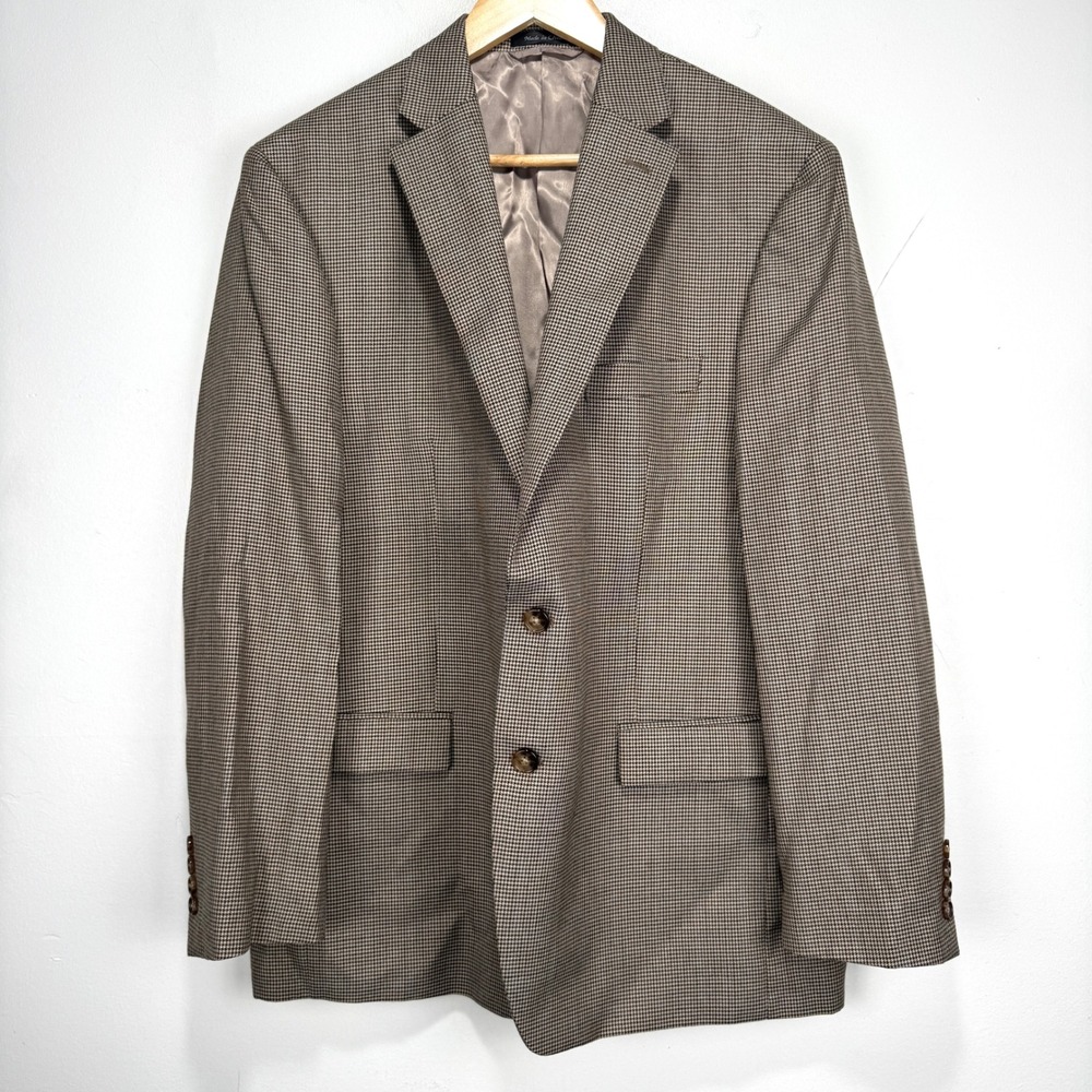 Lauren Ralph Lauren Blazer Sport Coat Men 44R Houndstooth Brown 2 Btn Poly Rayon